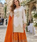 Orange silk blend readymade suit with embroidery & sequence work