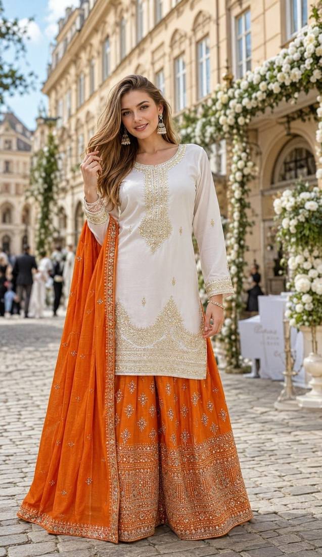 Orange silk blend readymade suit with embroidery & sequence work