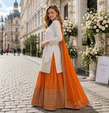 Orange silk blend readymade suit with embroidery & sequence work 2