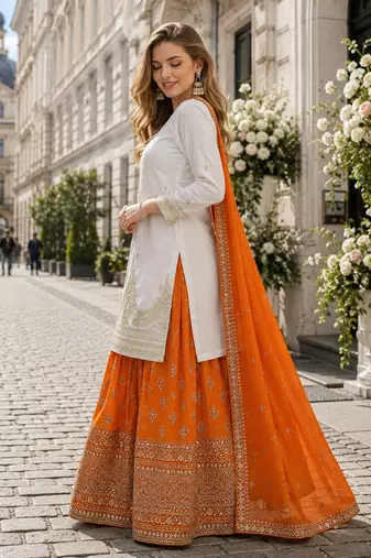 Orange silk blend readymade suit with embroidery & sequence work
