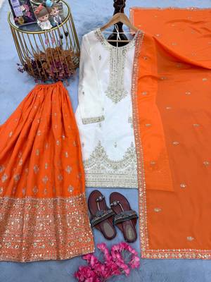 Orange silk blend readymade suit with embroidery & sequence work 3