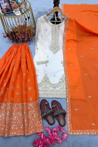 Orange silk blend readymade suit with embroidery & sequence work