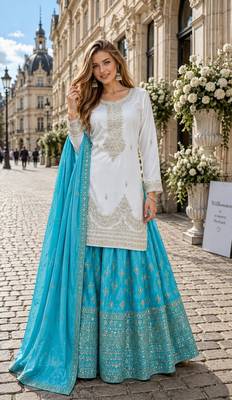Blue silk blend readymade suit with embroidery & sequence work 1