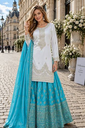 Blue silk blend readymade suit with embroidery & sequence work