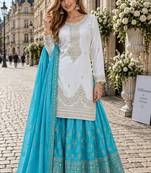 Blue silk blend readymade suit with embroidery & sequence work