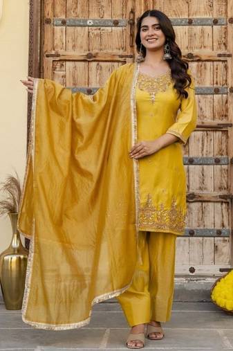 Yellow embroidered straight kurta pant set with dupatta