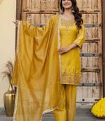 Yellow embroidered straight kurta pant set with dupatta