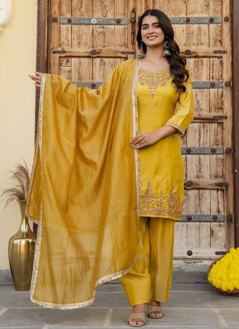 Yellow embroidered straight kurta pant set with dupatta