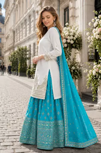 Blue silk blend readymade suit with embroidery & sequence work