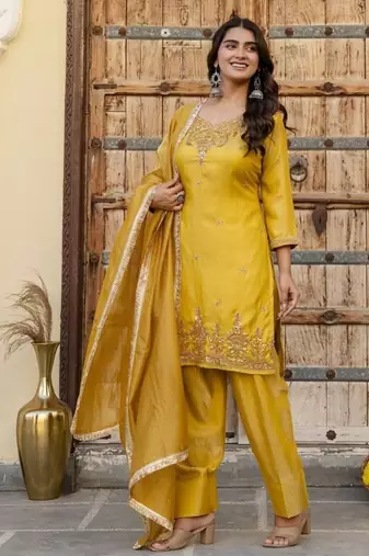 Yellow embroidered straight kurta pant set with dupatta