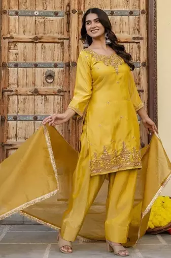 Yellow embroidered straight kurta pant set with dupatta