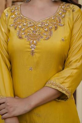 Yellow embroidered straight kurta pant set with dupatta 4
