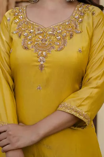 Yellow embroidered straight kurta pant set with dupatta