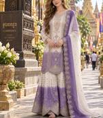 Lavender&white georgette readymade suit with thread embroidery work