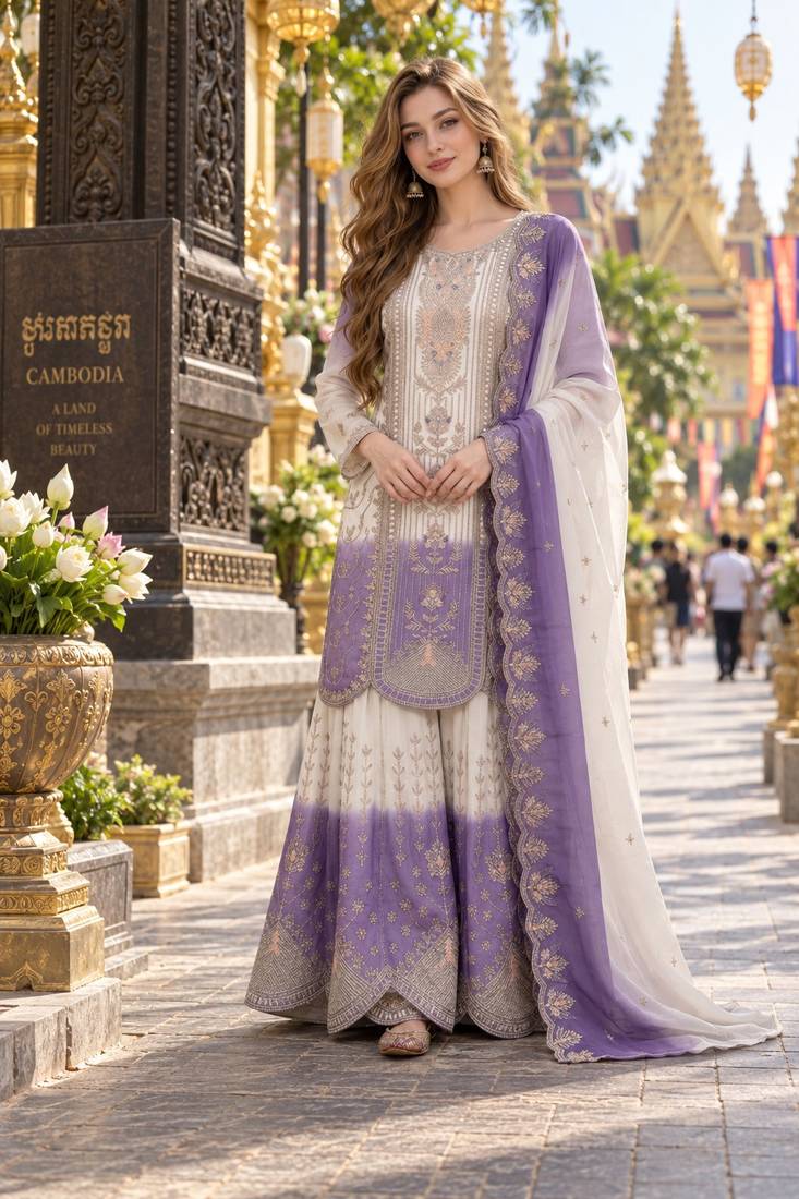 Lavender&white georgette readymade suit with thread embroidery work