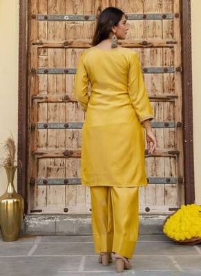 Yellow embroidered straight kurta pant set with dupatta 5