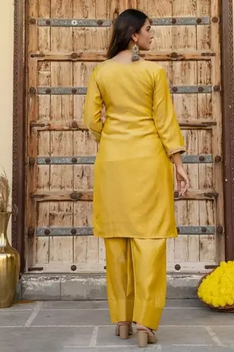 Yellow embroidered straight kurta pant set with dupatta