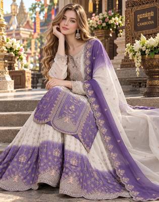 Lavender&white georgette readymade suit with thread embroidery work 2