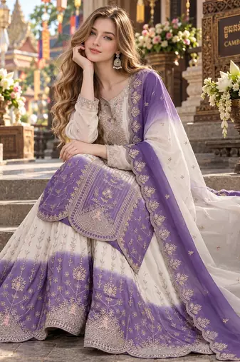 Lavender&white georgette readymade suit with thread embroidery work