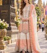 Peach&white georgette readymade suit with thread embroidery work
