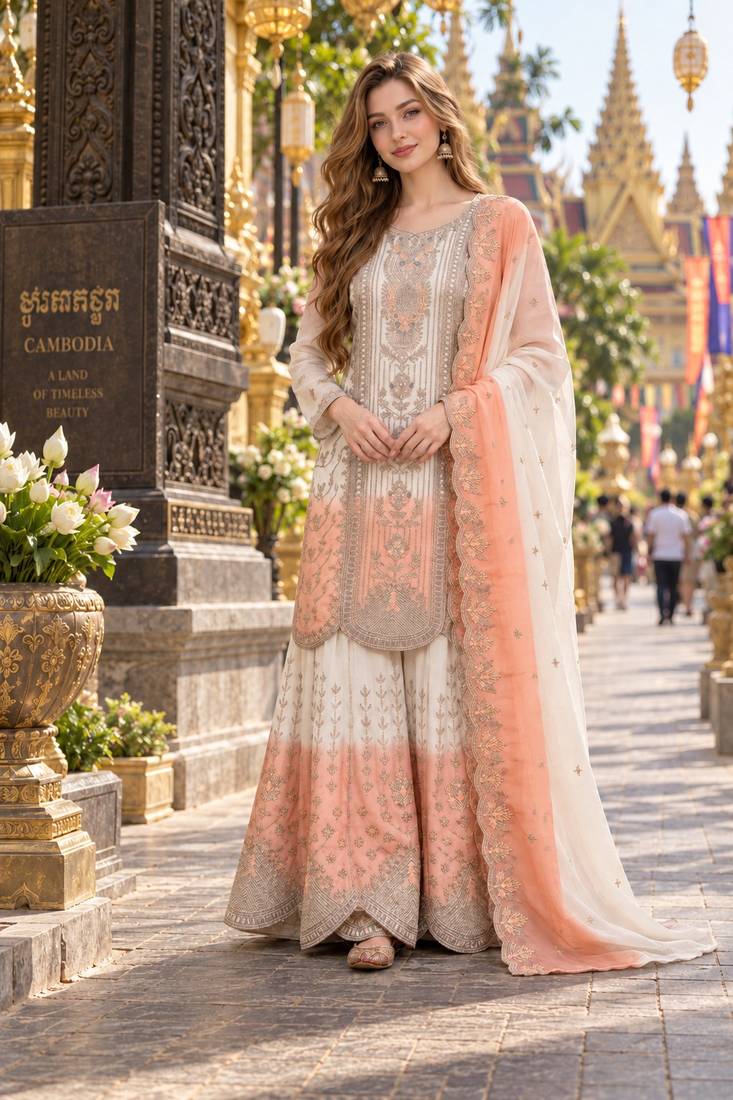 Peach&white georgette readymade suit with thread embroidery work