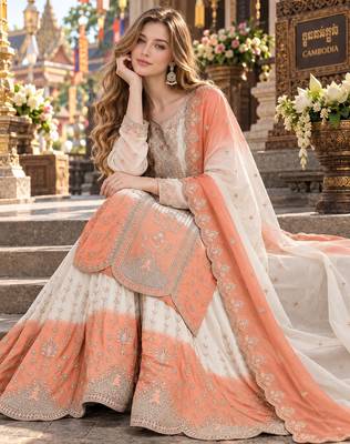 Peach&white georgette readymade suit with thread embroidery work 2