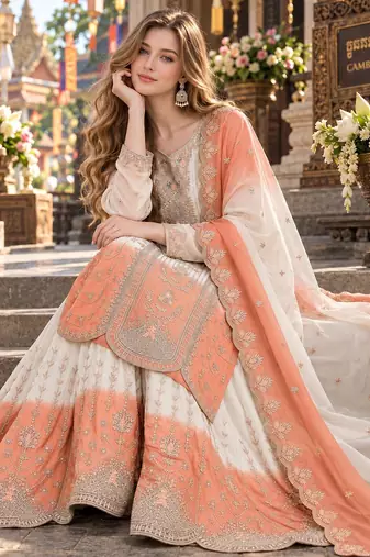 Peach&white georgette readymade suit with thread embroidery work