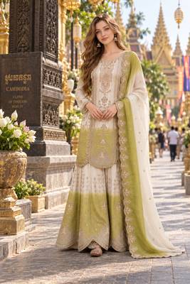 Green&white georgette readymade suit with thread embroidery work 1