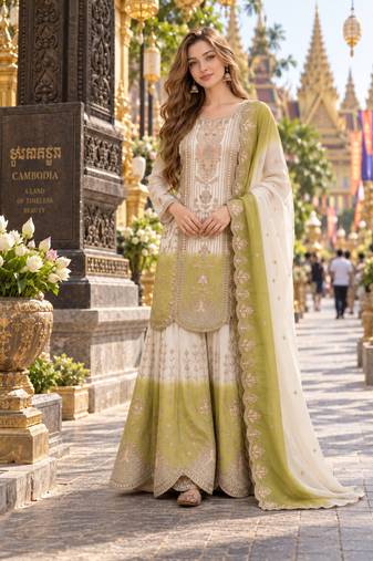 Green&white georgette readymade suit with thread embroidery work