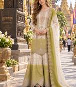 Green&white georgette readymade suit with thread embroidery work