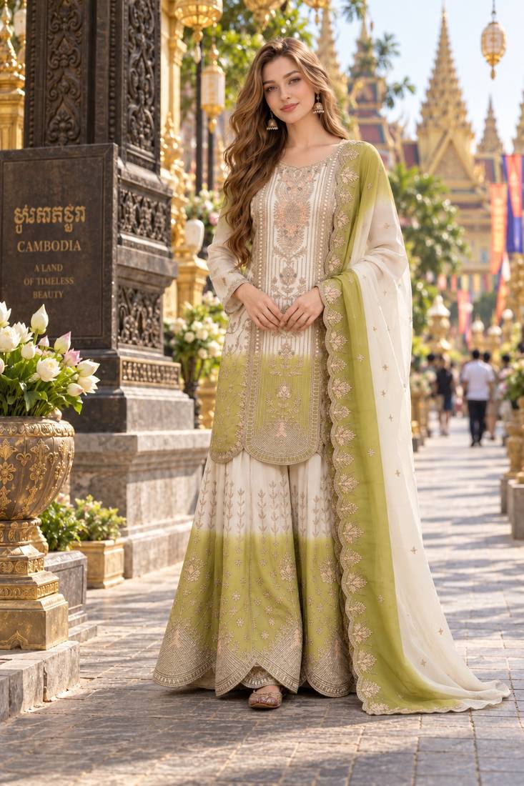 Green&white georgette readymade suit with thread embroidery work