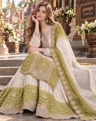 Green&white georgette readymade suit with thread embroidery work 2