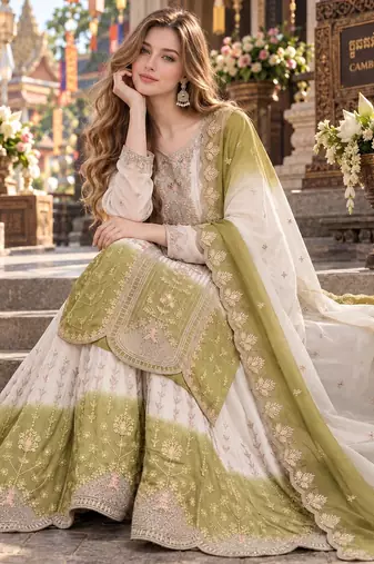 Green&white georgette readymade suit with thread embroidery work