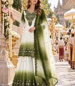 Mehendi&white georgette readymade suit with thread embroidery & cut work