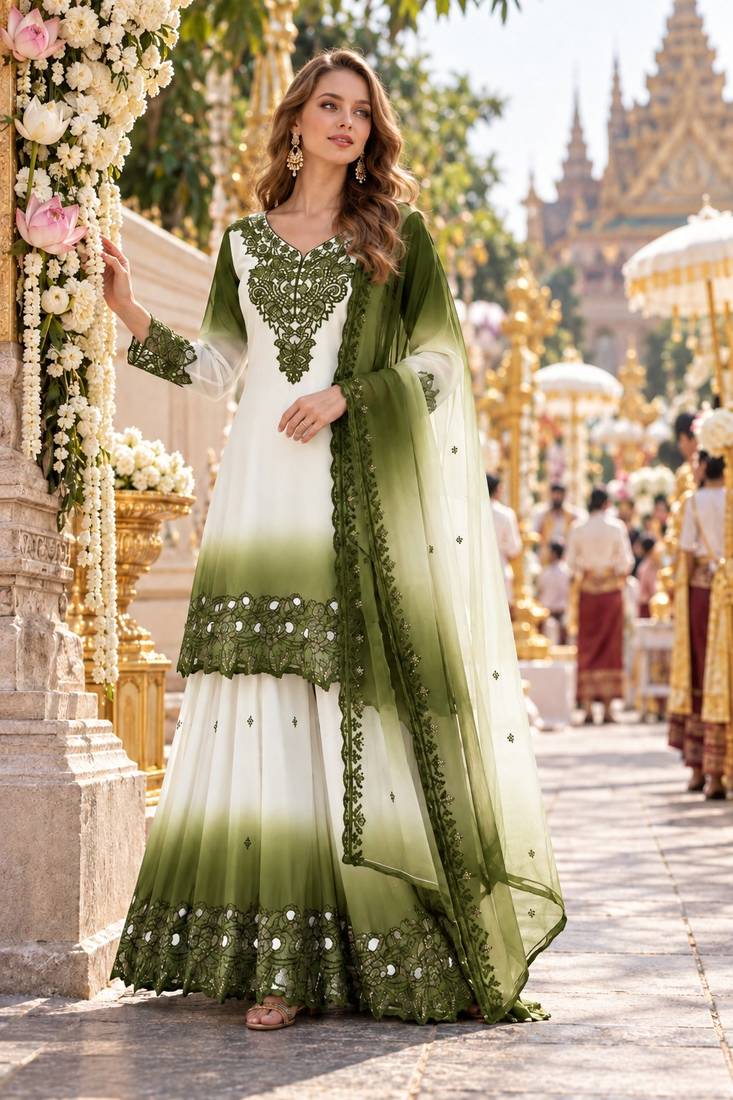 Mehendi&white georgette readymade suit with thread embroidery & cut work