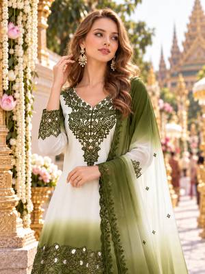 Mehendi&white georgette readymade suit with thread embroidery & cut work 2