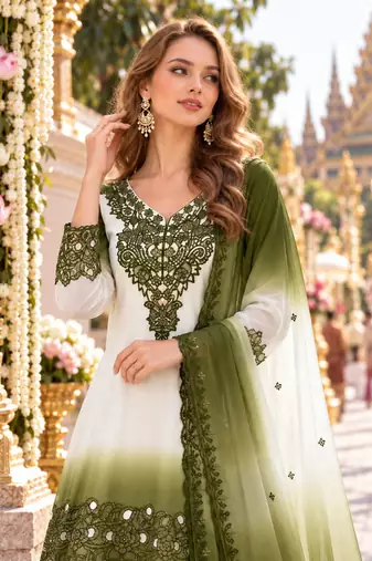 Mehendi&white georgette readymade suit with thread embroidery & cut work