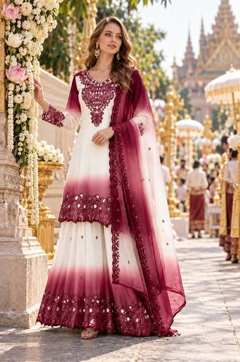 Peach&white georgette readymade suit with thread embroidery & cut work