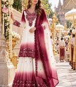 Peach&white georgette readymade suit with thread embroidery & cut work