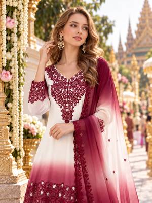 Peach&white georgette readymade suit with thread embroidery & cut work 2