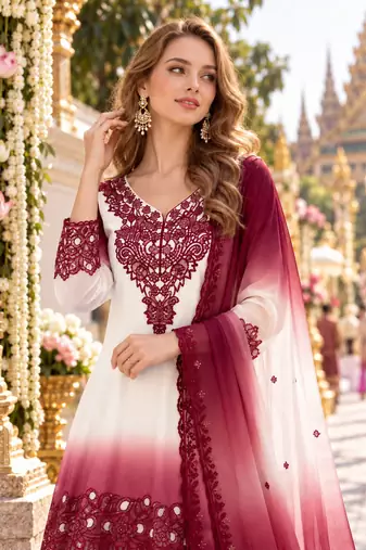 Peach&white georgette readymade suit with thread embroidery & cut work