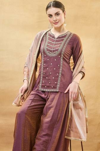 Brown embroidery pure silk kurta with plazzo and dupatta