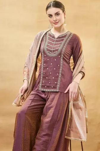 Brown embroidery pure silk kurta with plazzo and dupatta