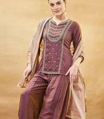 Brown embroidery pure silk kurta with plazzo and dupatta