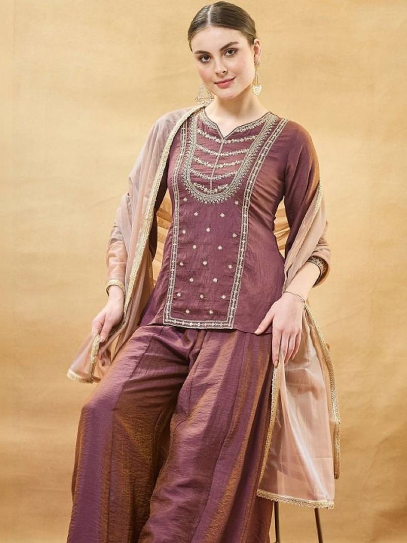 Brown embroidery pure silk kurta with plazzo and dupatta