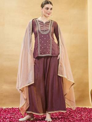 Brown embroidery pure silk kurta with plazzo and dupatta 2