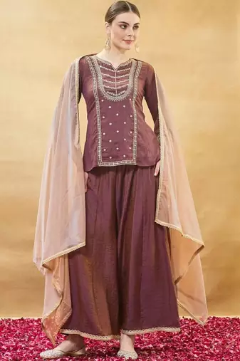 Brown embroidery pure silk kurta with plazzo and dupatta