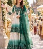Blue&white georgette readymade suit with thread embroidery & cut work