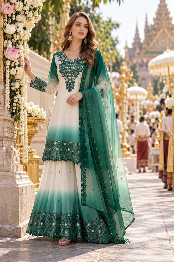 Blue&white georgette readymade suit with thread embroidery & cut work