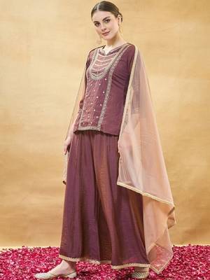 Brown embroidery pure silk kurta with plazzo and dupatta 3